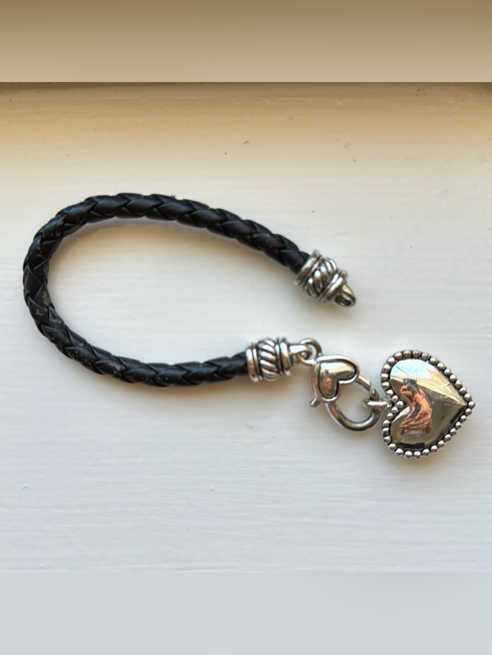 LEATHER BRAIDED BRACELET BLACK SILVER METAL HEART CHARM CLOSURE